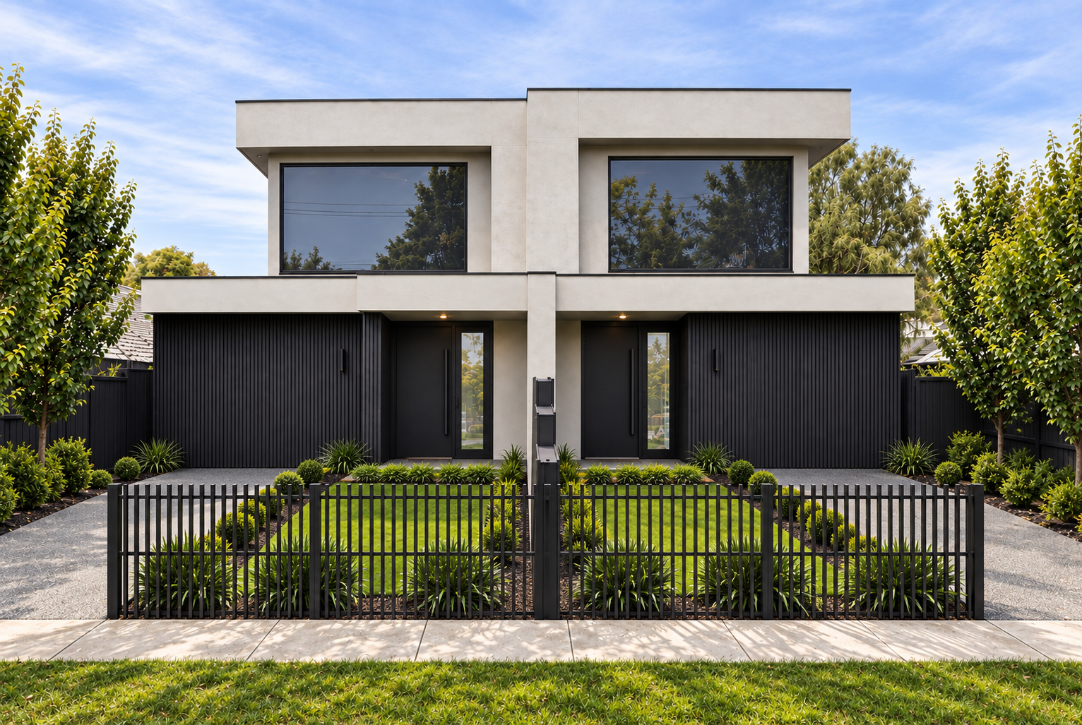 Contemporary dual-occupancy residence at 110 Wickham Road with black-battened cladding, rendered upper level, expansive glazing and landscaped front gardens