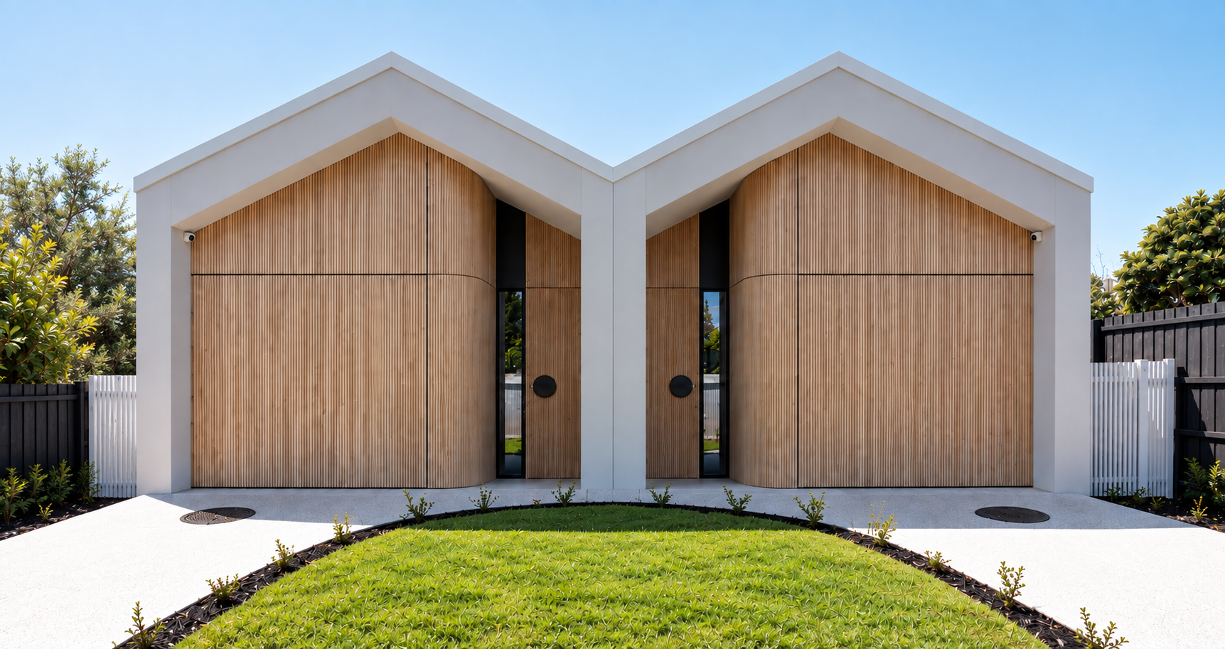 Symmetrical front exterior of 45 Fewster Road, Hampton, featuring twin white gables, vertical timber battens and landscaped lawn